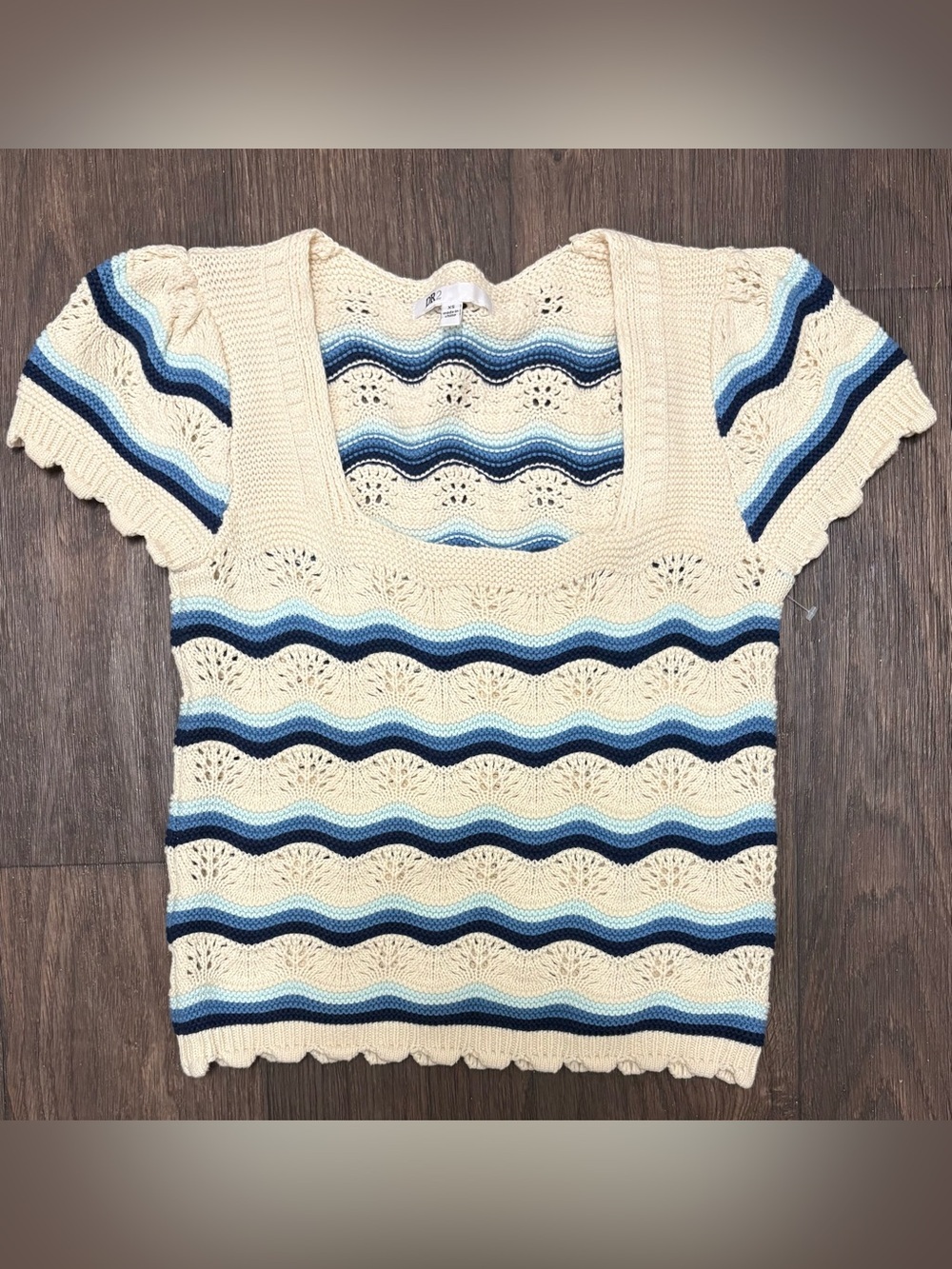 DR2 Crochet Knit Wave Stripe Sweater Top Cream Blue XS